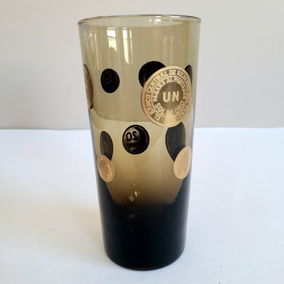 Smokey brown cocktail glass with centavos Mexican gold coins design. - Picture 2 of 8